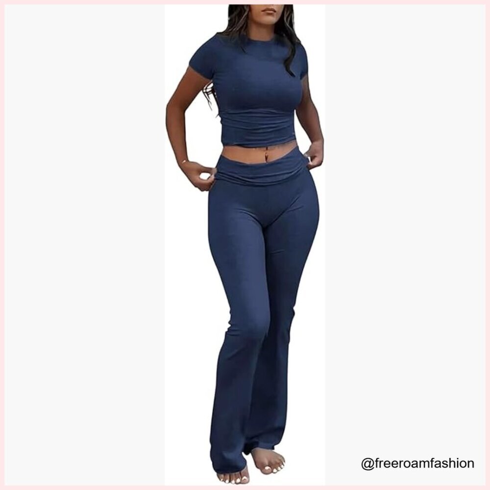 Slim Fit Loungewear Set Short Sleeve Top Flare Leggings Viscose Spandex